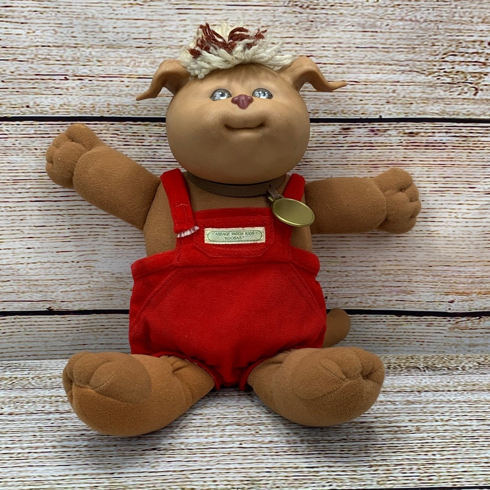 Vintage 1983 Cabbage Patch Kids Koosas Puppy Dog Plush Toy Coleco Red Overalls